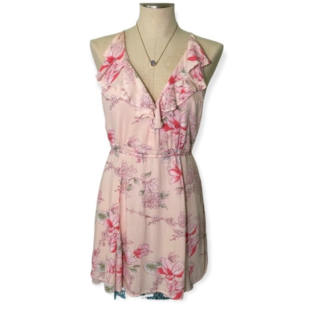 Shop The Trends Pink Floral Ruffle Sun Dress Tie Waist Flowy Low Cut Medium Mini